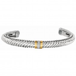 Silver And 18Kt Rhodium Finish Italian Cable Cuff Bangle With Diamonds