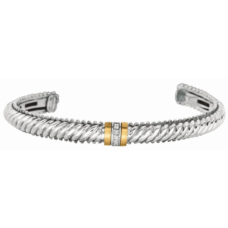 Silver And 18Kt Rhodium Finish Italian Cable Cuff Bangle With Diamonds