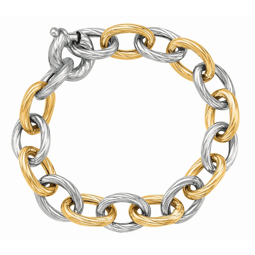 Silver And 18Kt Gold Rhodium Finish Textured Italian Cable Link Bracelet With Giant Spring Ring Clasp