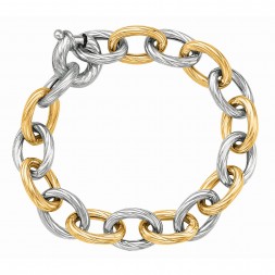 Silver And 18Kt Gold Rhodium Finish Textured Italian Cable Link Bracelet With Giant Spring Ring Clasp