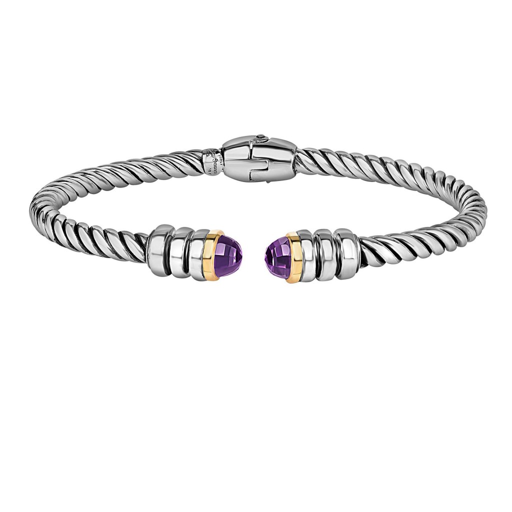 Silver And 18Kt Gold Italian Cable Cuff Bangle With Amethyst