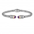 Silver And 18Kt Gold Italian Cable Cuff Bangle With Amethyst