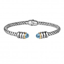 Silver And 18Kt Gold Italian Cable Cuff Bangle With Blue Topaz