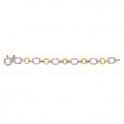 Silver And 18Kt Gold Textured Italian Cable Necklace With Round And Oval Links And Spring Ring Clasp