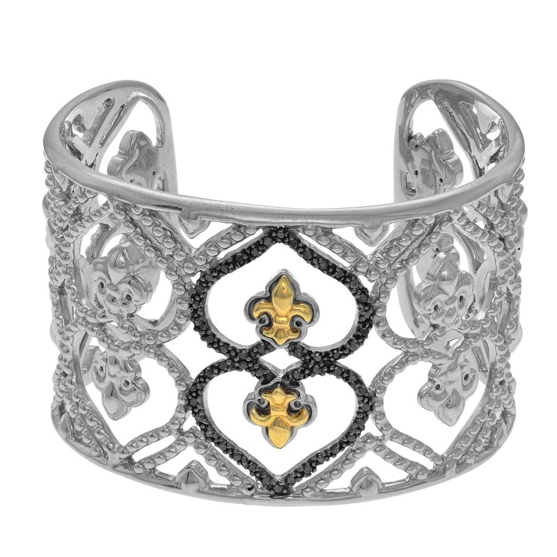 Silver And 18Kt Gold 40Mm Fleur De Lis Pattern  Cuff Bangle With .50Ct Black Diamond