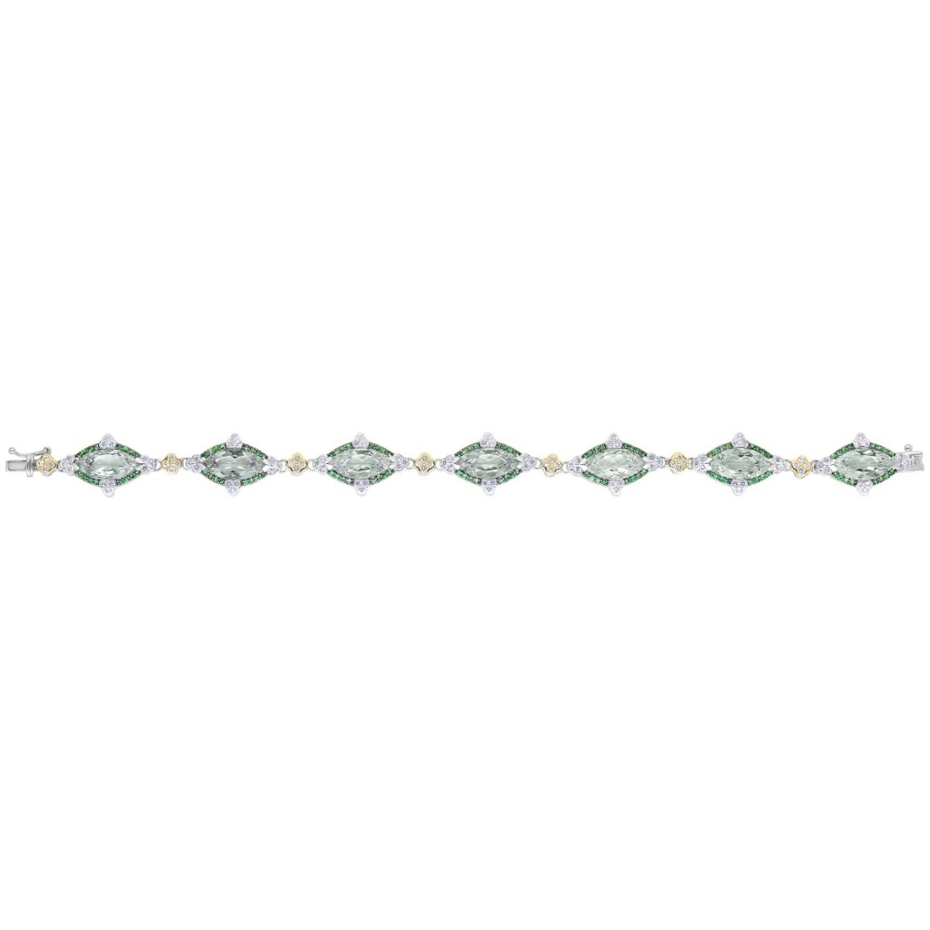 Silver And 18Kt Gold Gem Candy Marquis Bracelet  With Green Amethyst, Tsavorite And White Sapphire