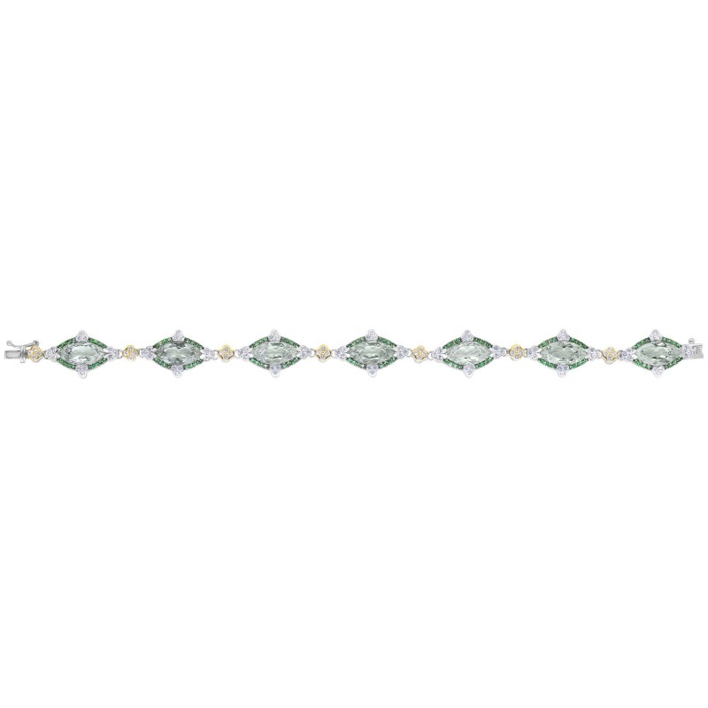 Silver And 18Kt Gold Gem Candy Marquis Bracelet  With Green Amethyst, Tsavorite And White Sapphire