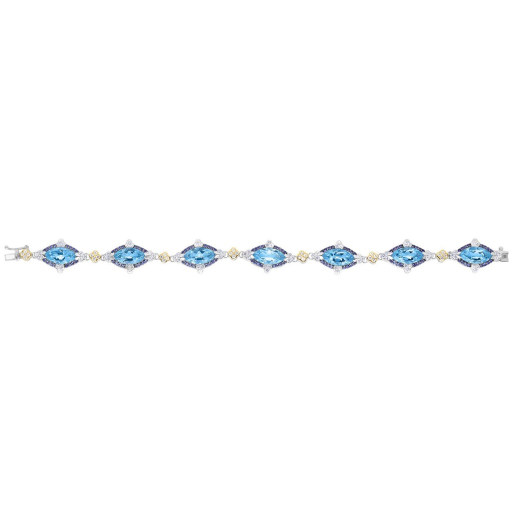Silver And 18Kt Gold Gem Candy Marquis Bracelet  With Blue Topaz, Iolite  And White Sapphire