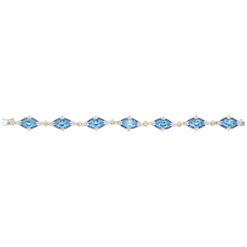 Silver And 18Kt Gold Gem Candy Marquis Bracelet  With Blue Topaz, Iolite  And White Sapphire