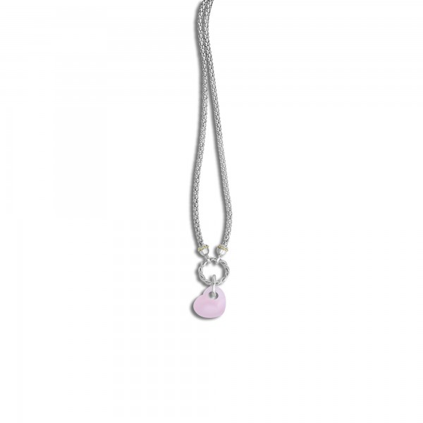 Silver And 18Kt Gold  Popcorn Necklace With Heart-Shapedrose Quartz Pendant