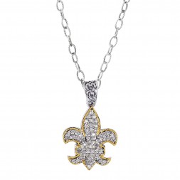 Silver And 18Kt Gold  Fleur De Lis Shape Pendant With Diamond On 18In Chain