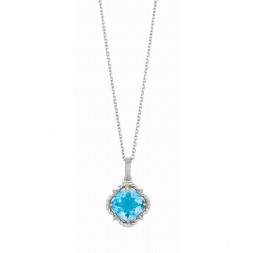 Silver And 18Kt Gold Gem Candy Cushion Blue Topaz And Diamonds Pendant With Woven F Inish On 18 In Cha In