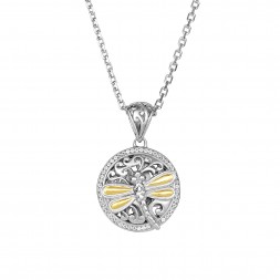 Silver And 18Kt Gold 14Mm Round Dragonfly  Pendant With White Sapphires On 18In Chain
