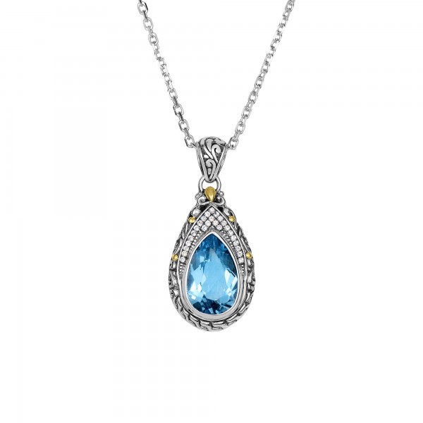 Silver And 18Kt Gold Teardrop Filigree Pendant With Blue Topaz And  White Sapphires On  18In Chain