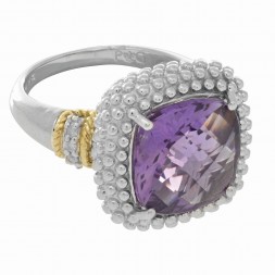 Silver And 18Kt Gold Popcorn Ring With Large Square Cushion Amethyst And Diamonds