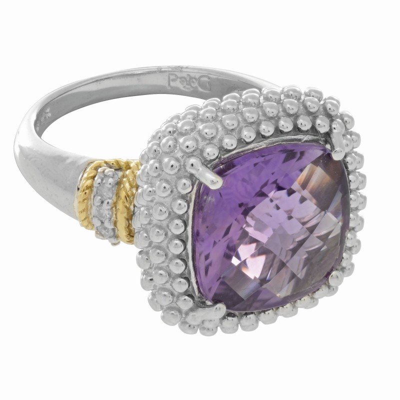 Silver And 18Kt Gold Popcorn Ring With Large Square Cushion Amethyst And Diamonds