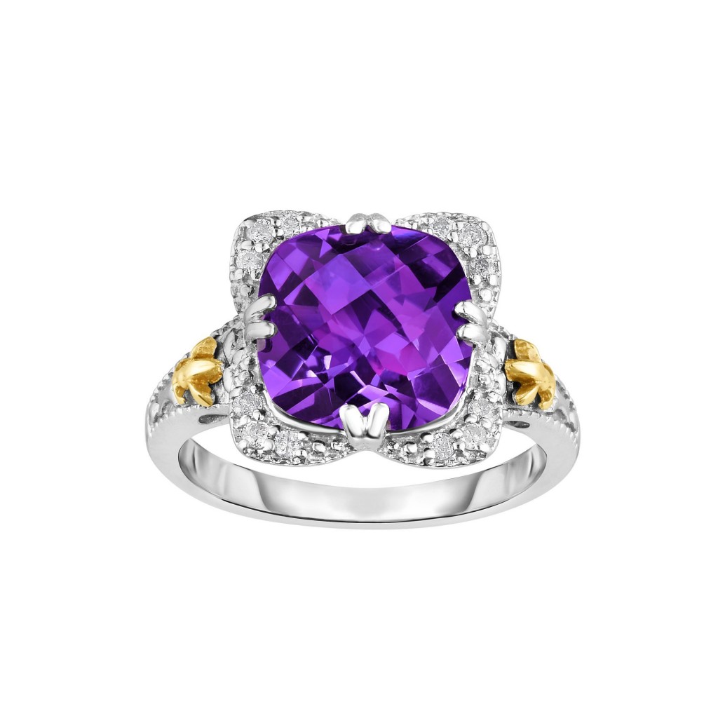 Silver And 18Kt Gold Gem Candy Square Ring With Cushion  Amethyst And Diamonds