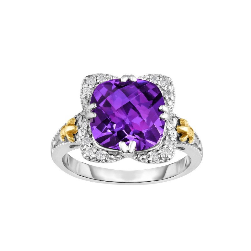 Silver And 18Kt Gold Gem Candy Square Ring With Cushion  Amethyst And Diamonds