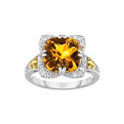 Silver And 18Kt Gold Gem Candy Square Ring With Cushion  Citr Ine And Diamonds