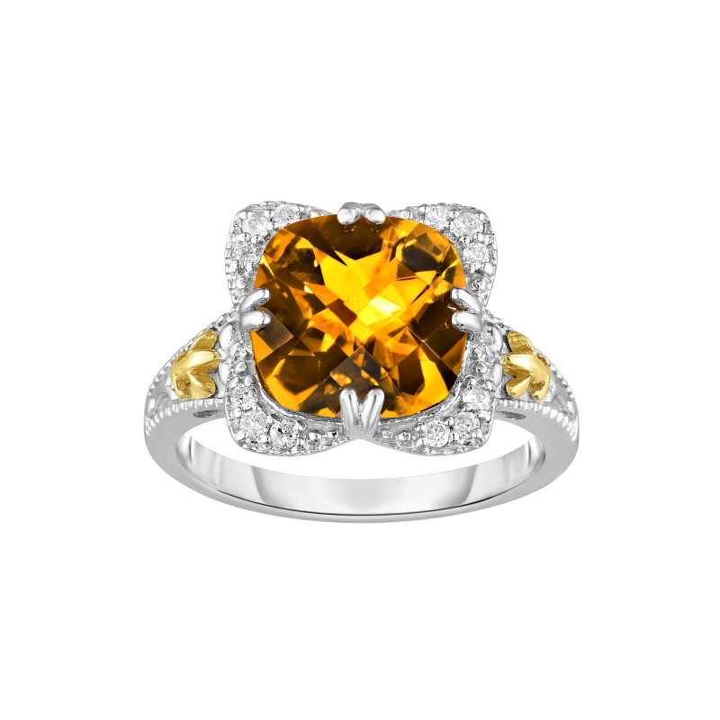 Silver And 18Kt Gold Gem Candy Square Ring With Cushion  Citr Ine And Diamonds