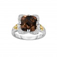 Silver And 18Kt Gold Gem Candy Square Ring With Cushion  Smokey Quartz And Diamonds