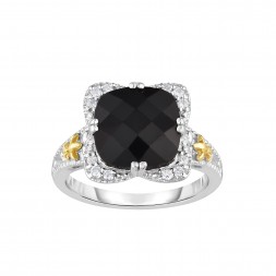 Silver And 18Kt Gold Gem Candy Square Ring With Cushion  Black Onyx And Diamonds