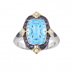 Silver And 18Kt Gold Cushion Green Amethyst, Tsavorite And Diamonds Ring