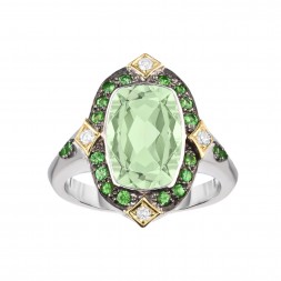 Silver And 18Kt Gold Cushion Blue Topaz, Iolite And Diamonds Ring