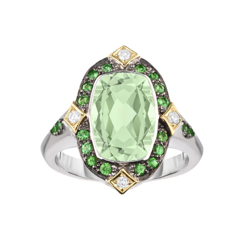 Silver And 18Kt Gold Cushion Blue Topaz, Iolite And Diamonds Ring