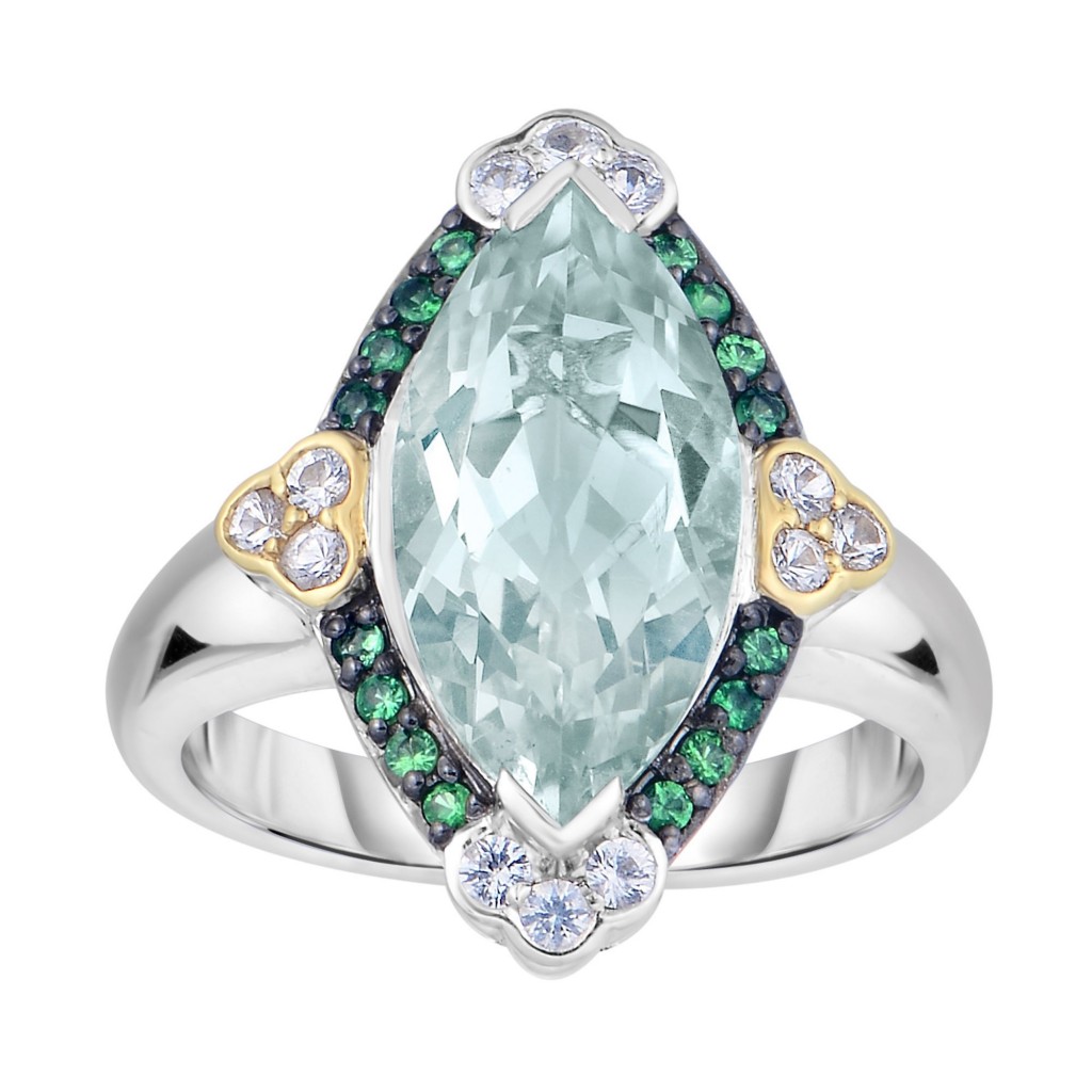 Silver And 18Kt Gold Gem Candy Marquis Ring  With Green Amethyst, Tsavorite And White Sapphire