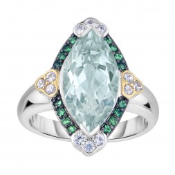 Silver And 18Kt Gold Gem Candy Marquis Ring  With Green Amethyst, Tsavorite And White Sapphire