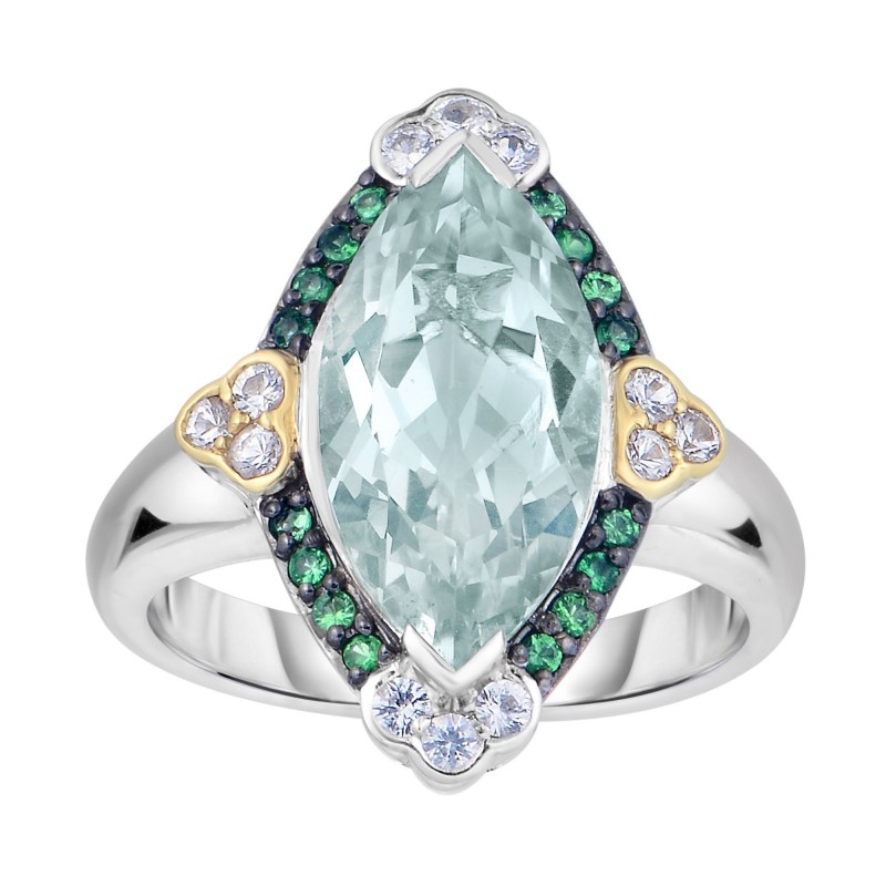 Silver And 18Kt Gold Gem Candy Marquis Ring  With Green Amethyst, Tsavorite And White Sapphire