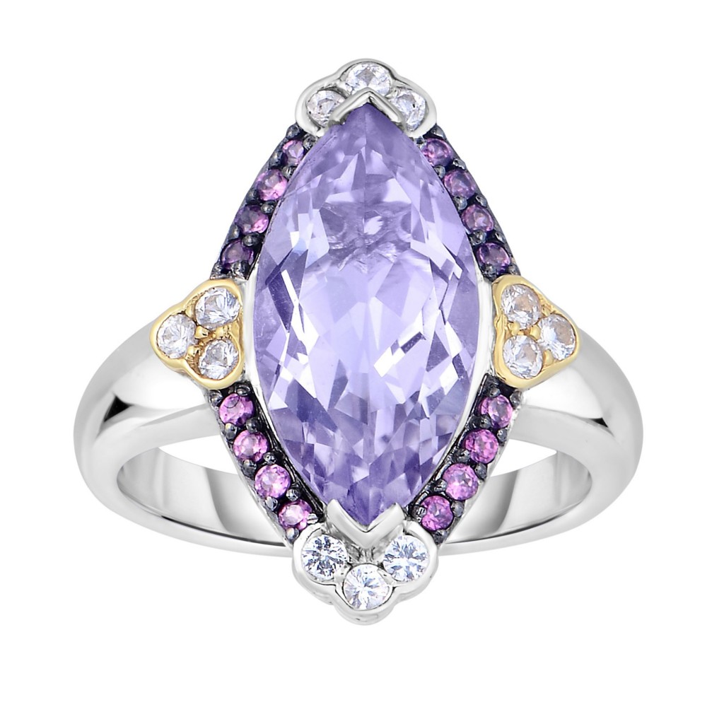 Silver And 18Kt Gold Gem Candy Marquis Ring  With P Ink Amethyst, Rhodalite And White Sapphire