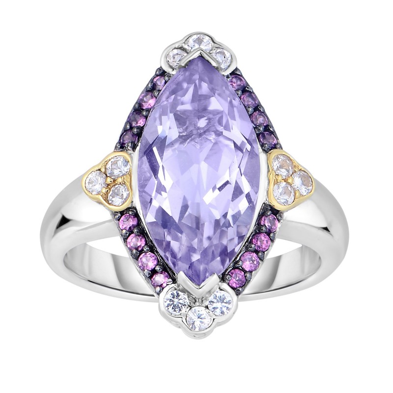 Silver And 18Kt Gold Gem Candy Marquis Ring  With P Ink Amethyst, Rhodalite And White Sapphire
