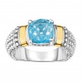 Silver And 18Kt Gold  Popcorn Ring With Cushion Blue Topaz
