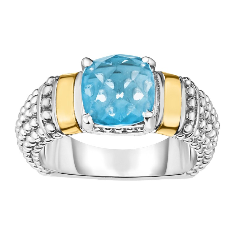 Silver And 18Kt Gold  Popcorn Ring With Cushion Blue Topaz