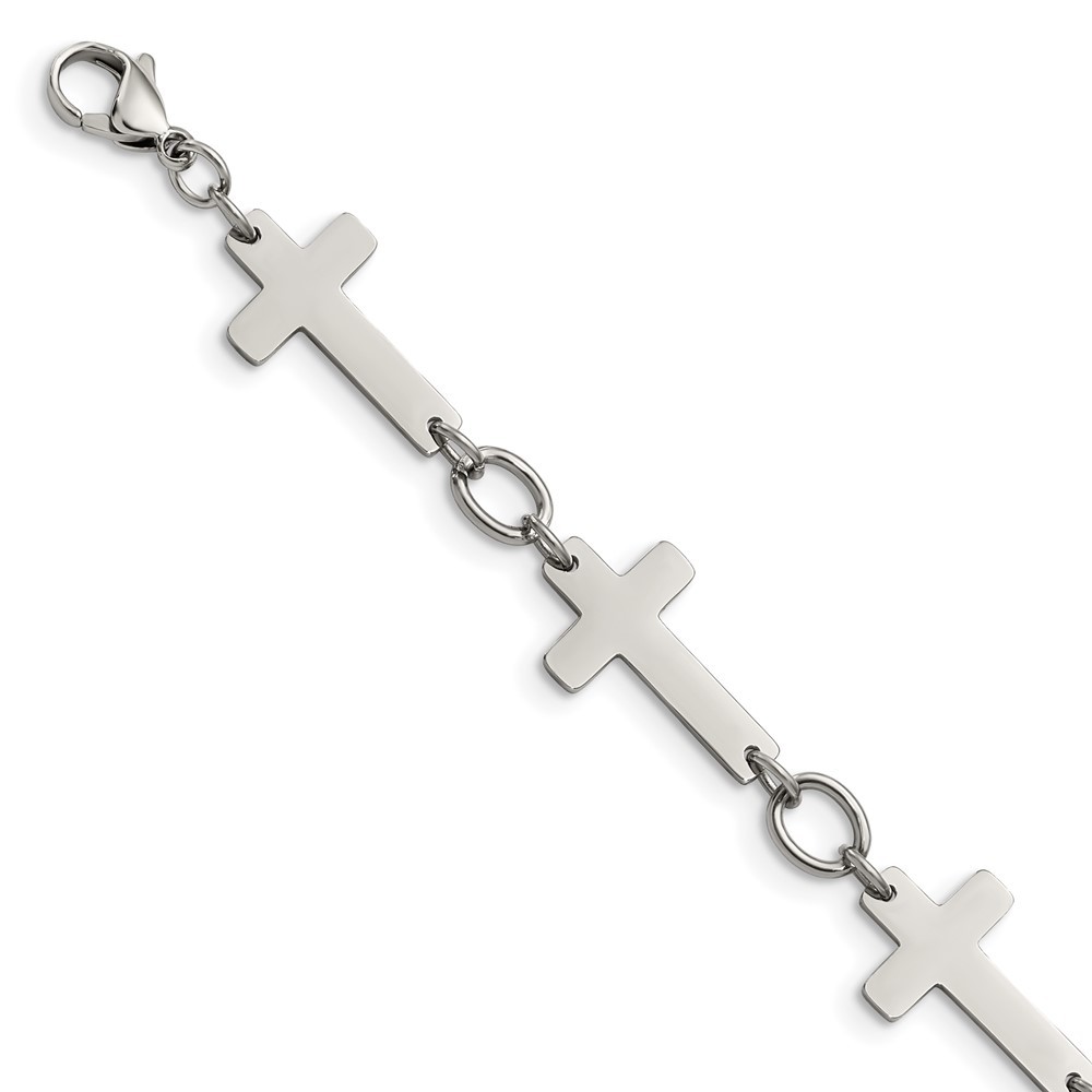 Stainless Steel Polished Sideways Cross 8in Bracelet