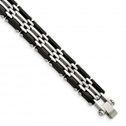 Stainless Steel Polished with Black Rubber 8.25in Bracelet