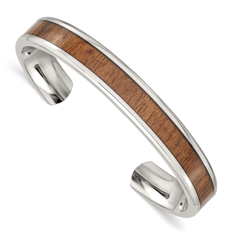 Stainless Steel Polished w/Enameled Koa Wood Inlay Bangle