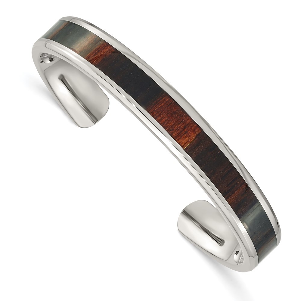 Stainless Steel Polished w/Enameled Koa Wood Inlay Bangle