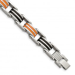 Stainless Steel 8.5in Polished with Rubber Black and Orange Bracelet