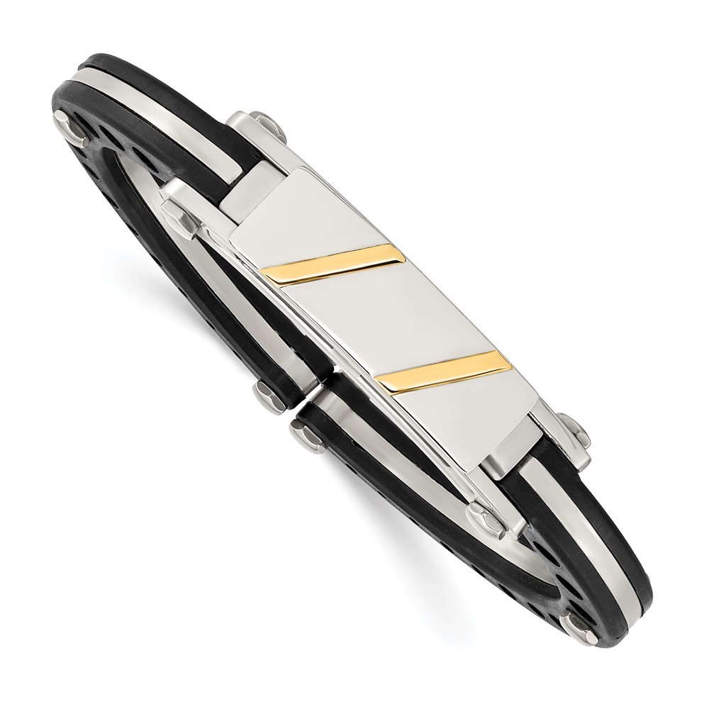 Stainless Steel Polished w/Black PVC & 14k Yellow Inlay Hinged Bangle