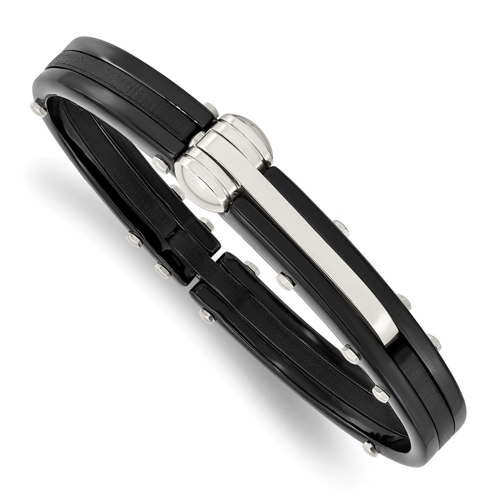 Stainless Steel Polished Black IP-plated and Black PVC Hinged Bangle