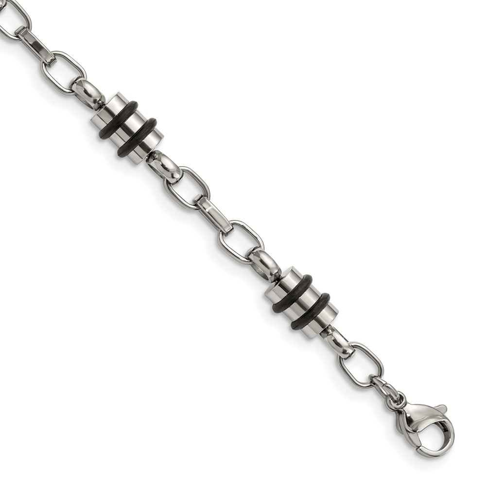 Stainless Steel Polished w/Black Rubber Barrel Link 8in Bracelet