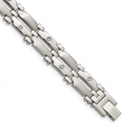 Stainless Steel Brushed & Polished w/14k White Gold & Diamonds Bracelet