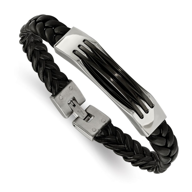 Stainless Steel Polished Black Leather & Acrylic 8.5in Bracelet