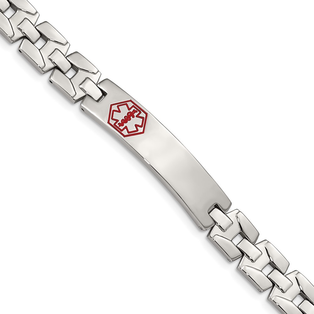 Stainless Steel Brushed & Polished Red Enamel 8in Medical ID Bracelet