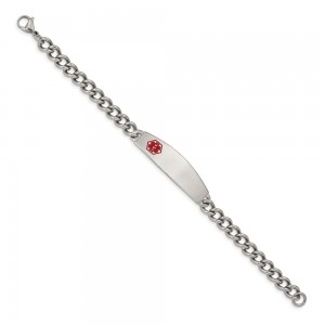 Stainless Steel Polished with Red Enamel 8.5in Medical ID Bracelet