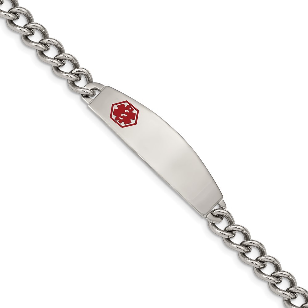 Stainless Steel Polished with Red Enamel 8.5in Medical ID Bracelet