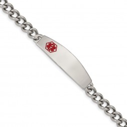 Stainless Steel Polished with Red Enamel 8.5in Medical ID Bracelet